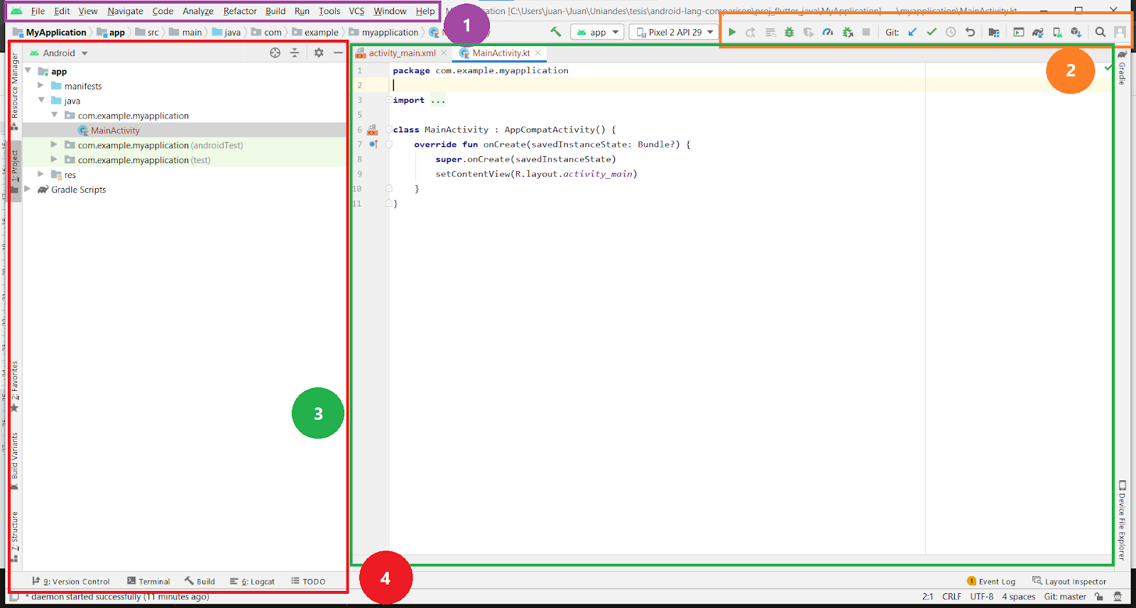 Iinterfaz de Android Studio dividida en 4 secciones por su posicionamiento: 1 menú de sección superior izquierda, 2 barra de botones sección superior derecha, 3 vista central del editor de texto, 4 barra lateral de explorador del proyecto