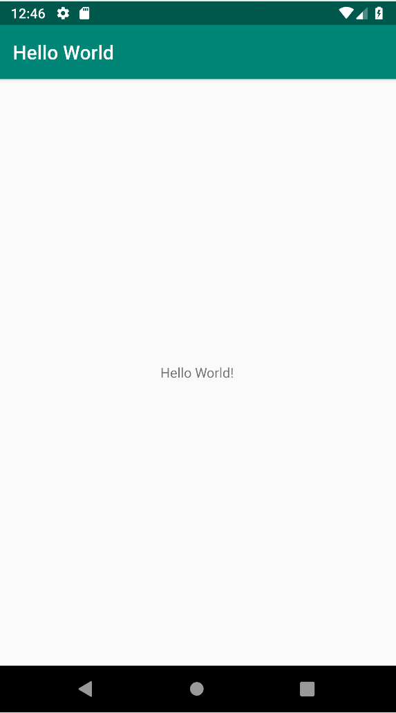 Aplicación con un texto diciendo Hello World! en el centro de la pantalla