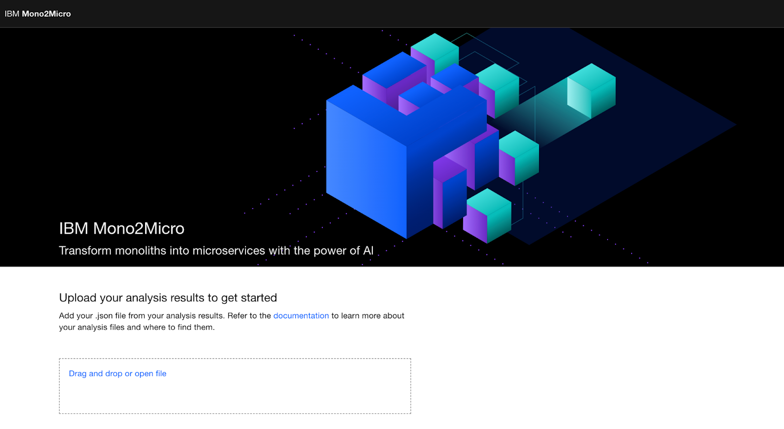 La imagen muestra la vista de carga de Mono2Micro, donde se debe subir el final_graph.json resultante de procesar el monolito
