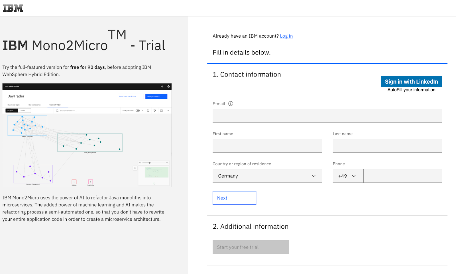 La imagen muestra un formulario con campos que se han de llenar con información personal a fin de poder probar Mono2Micro