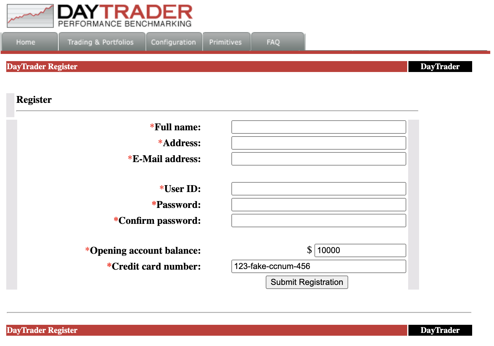 La imagen muestra el formulario de registro de DayTrader